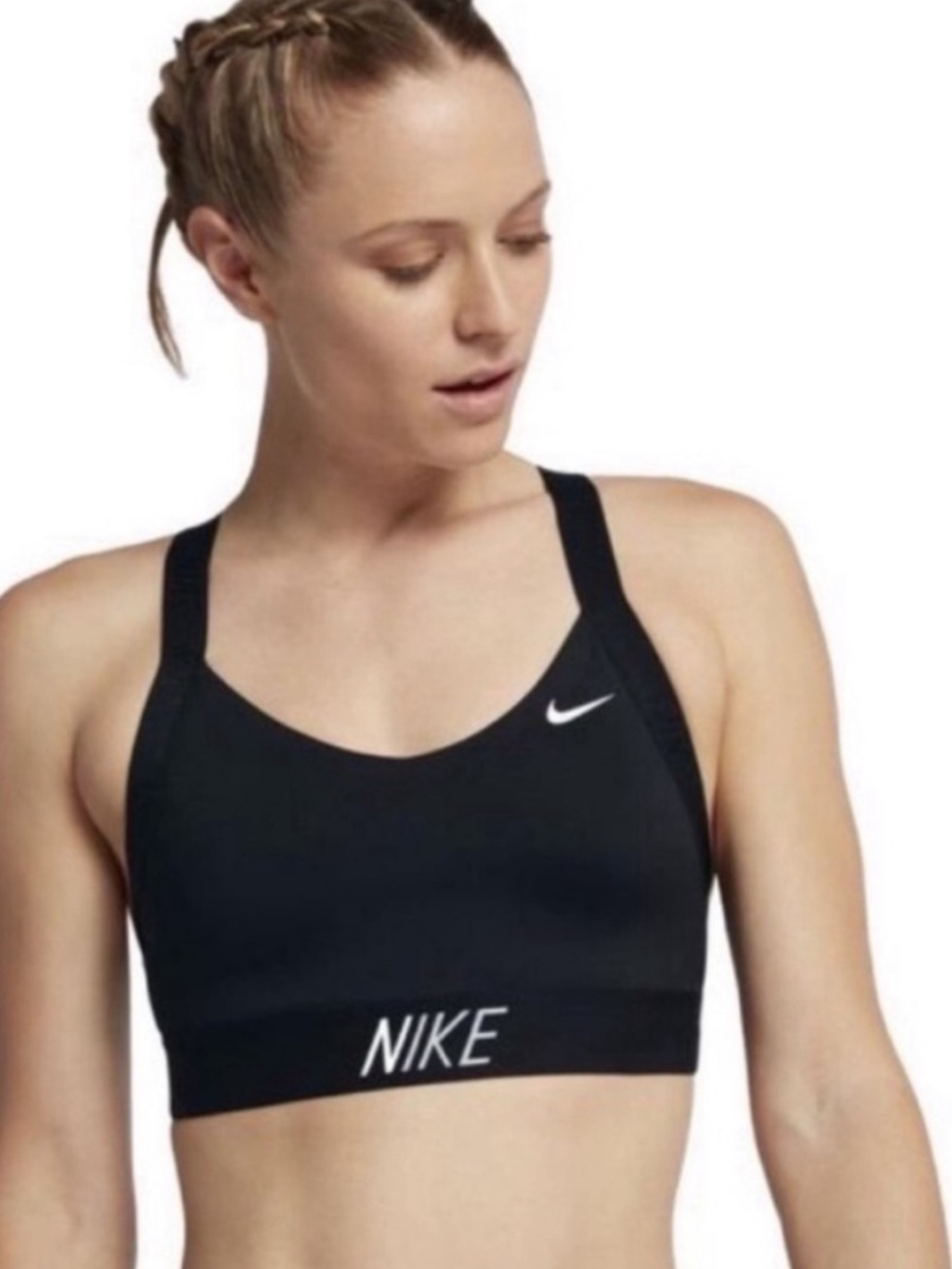 Nike Pro Indy Logo Sports Bra Criss Cross Back Black & White | Size Medium